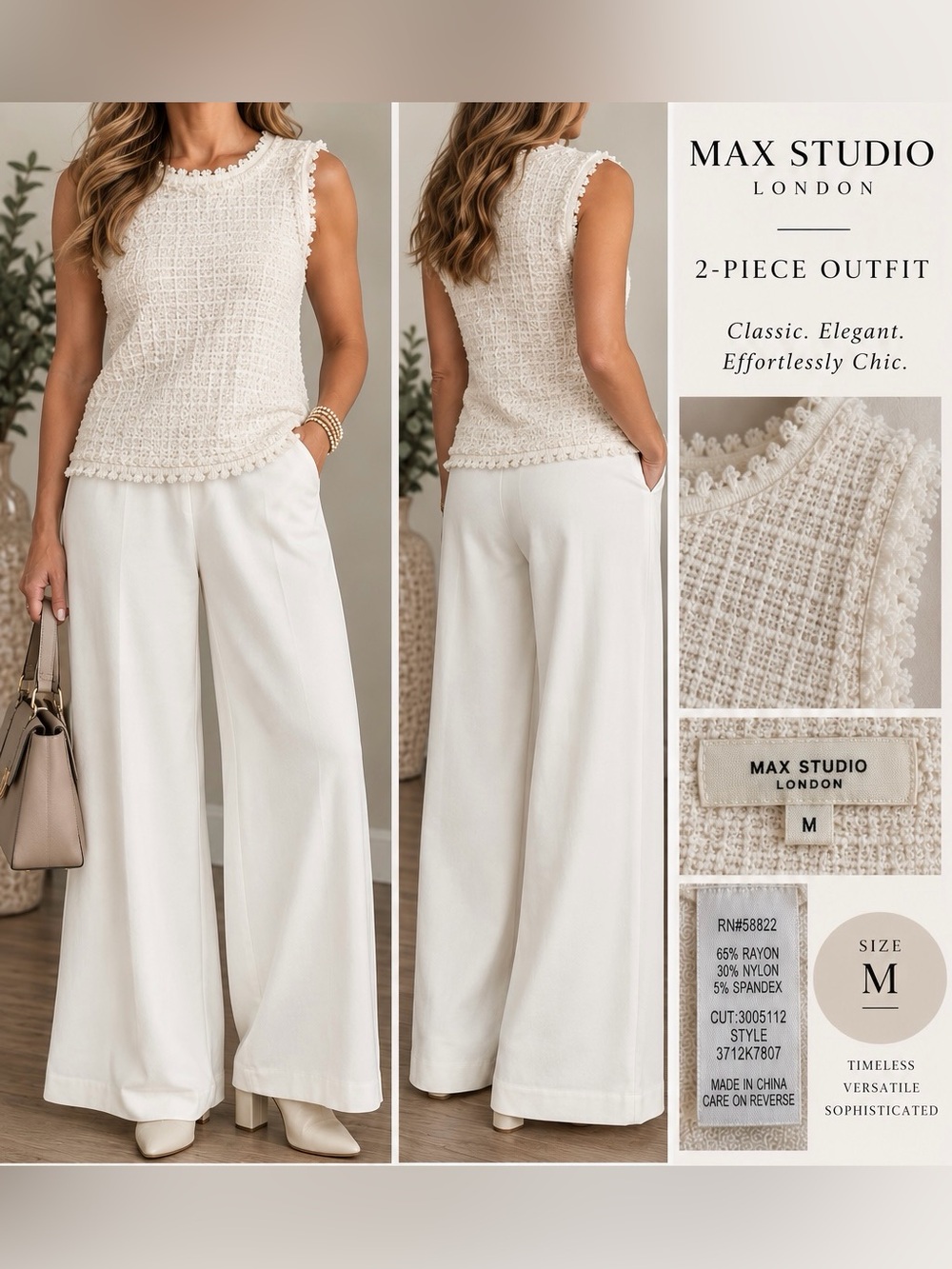 Max Studio Cream Two-Piece Tweed Crop Top & Tailored Pants Set